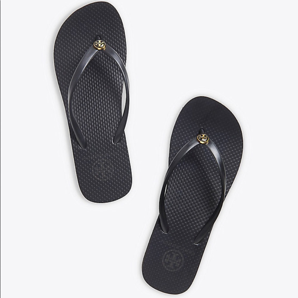 Tory Burch Wedge Flip-flops Black Gold Logo sz 7.5